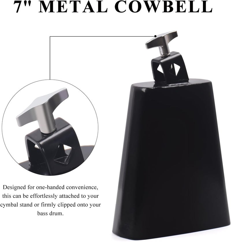 Seteol 7 Inch Cowbell & Mountable Tambourine Kit, Cowbell for Drum Set, Hand Held Mountable Tamborines for Musical Instrument Adult, Cowbell Percussion Accessory, Add-On for Drum Sets - Image 3